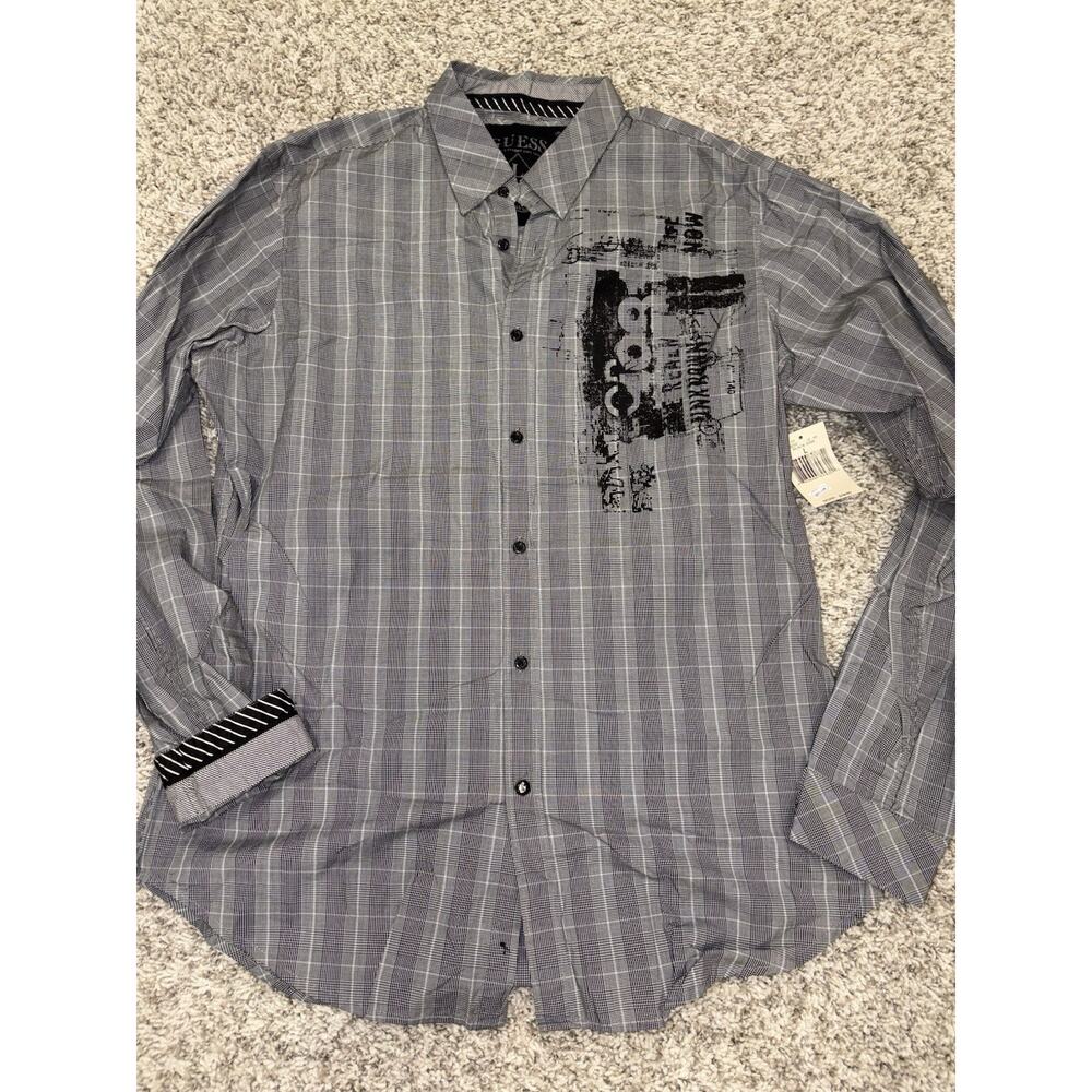 NWT Guess Long Sleeve Button-Up Shirt Graphic Men's Size L Large Black Gray